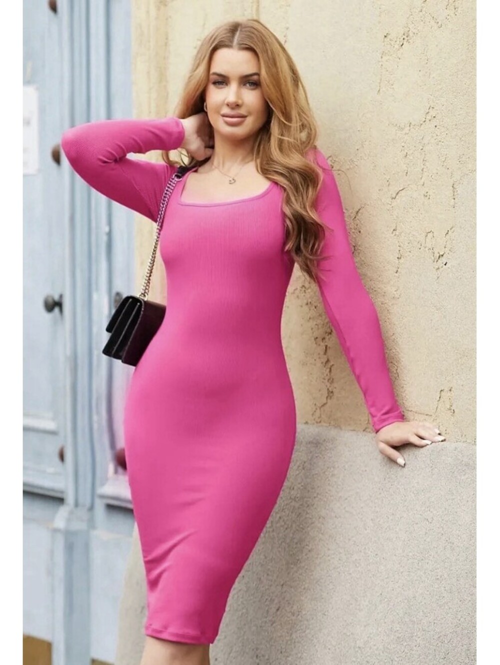 Popilush Womens Large Pink Dress Shapewear Long Sleeve Slimming Sexy Bodycon